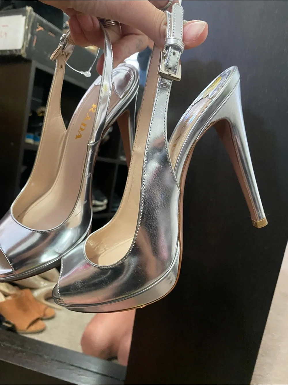 Prada Metallic Silver Peep-Toe Slingback Heels - Picture 2 of 9